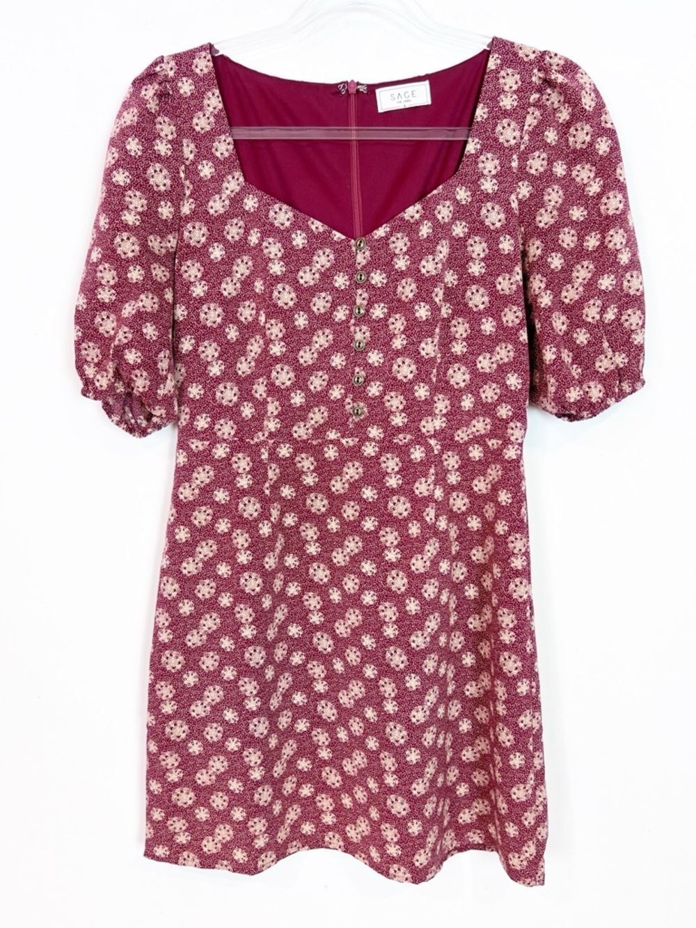 SAGE THE LABEL BURGUNDY CREAM FLORAL SHORT PUFF SLEEVE MINI DRESS SZ SMALL